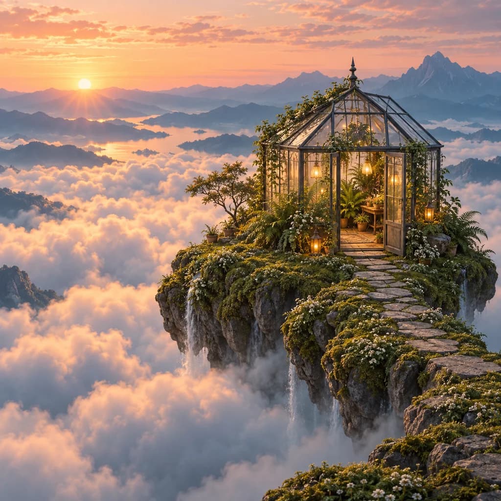 Glass greenhouse with glowing lamps on a mossy floating island above sunrise clouds