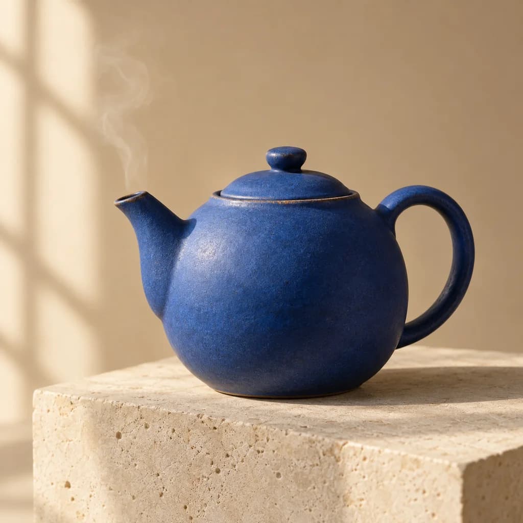 Cobalt-blue ceramic teapot steaming on a limestone plinth in warm side light