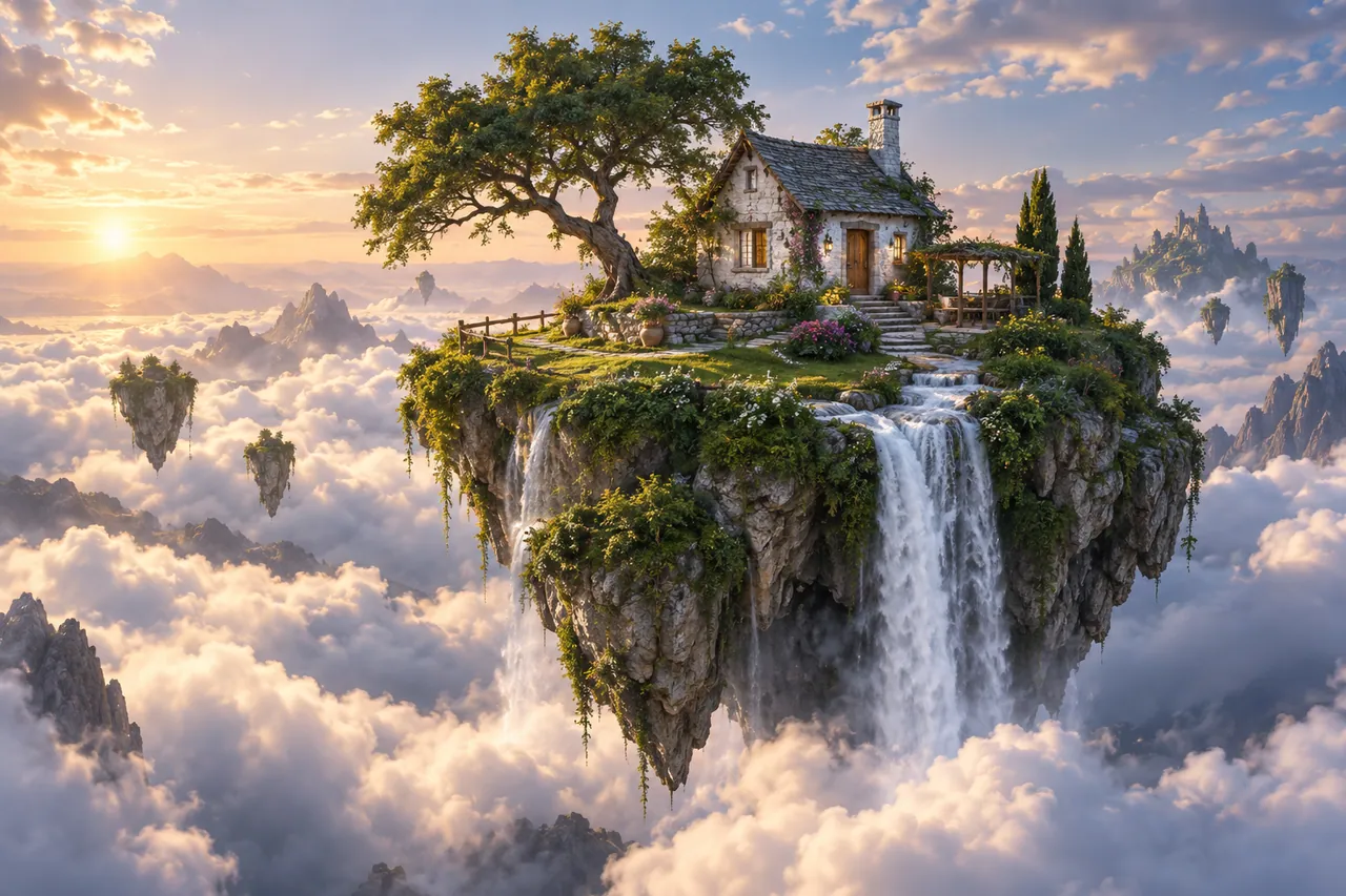 A tiny lush floating island carrying one white stone cottage and a waterfall above a sea of clouds.