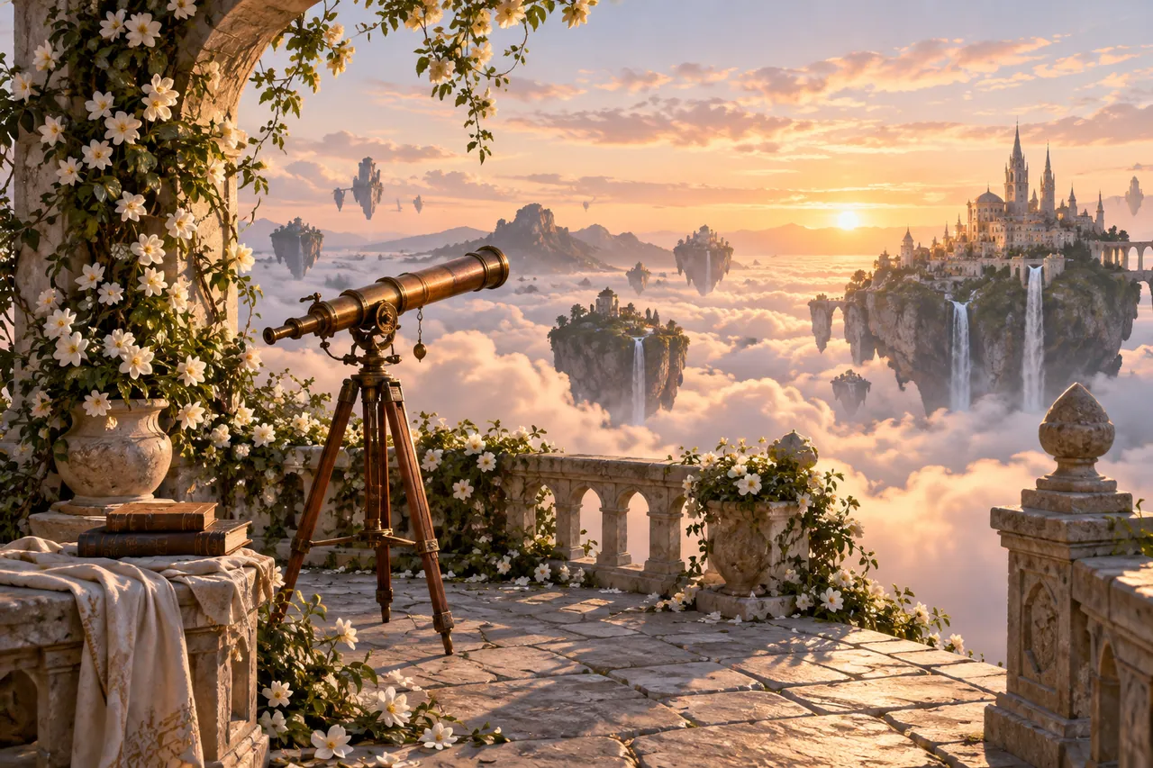A stone terrace on a floating island overlooking soft clouds.