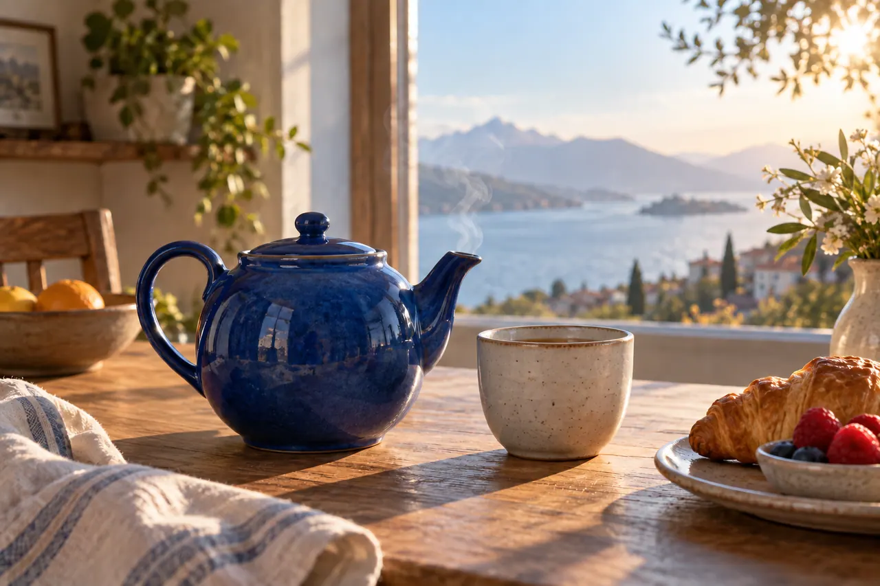 Cobalt blue teapot and cream cup on a sunlit breakfast table.
